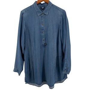 J Jill Denim Henley Tunic Top Womens Large Blue Lyocell Long Sleeve Oversized